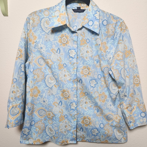 Lands' End Tops - Land's End Women's 3/4 Sleeve Blue Floral Paisley Button Down Shirt Size 12